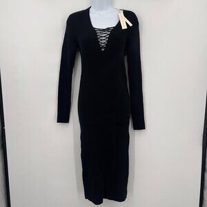 Lovestitch Black Stacey Lace-Up Ribbed Midi Cocktail Dress – Size XS (NWT)
